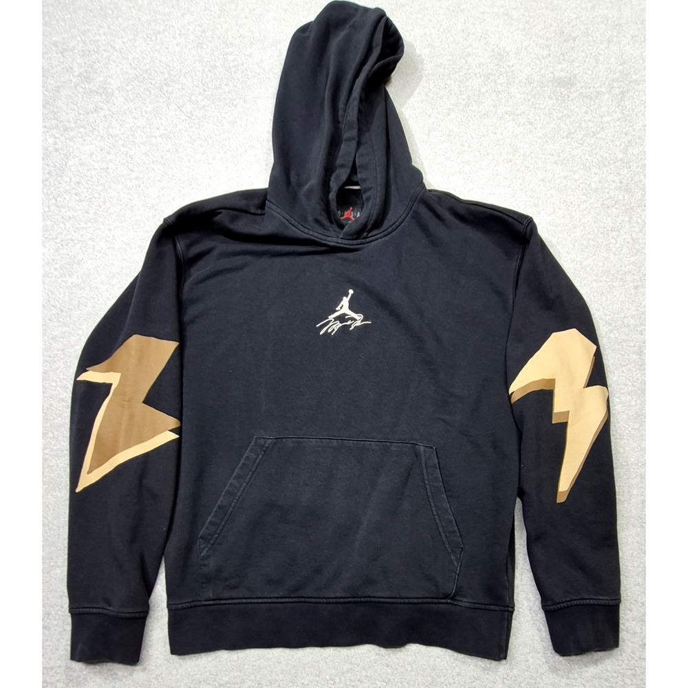 Jordan Essentials Hoodie Mens M Black Gold Metallic Lightning Graphic Pullover